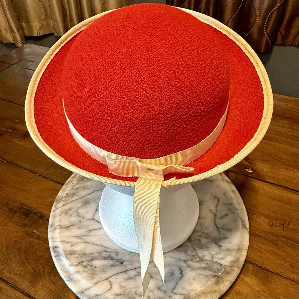 VTG 60s MCM Child Red Felt Hat White Ribbon Chin Elastic